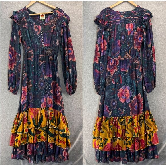 FARM Rio Dresses & Skirts - Farm Rio Small Boho Floral Long‎ Sleeve Maxi Dress Ruffles River Creatures FLAW